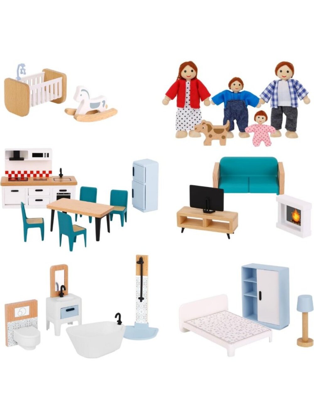 Wooden Dollhouse Furniture Set with 4 Family Dolls & Dog - Perfect Playtime